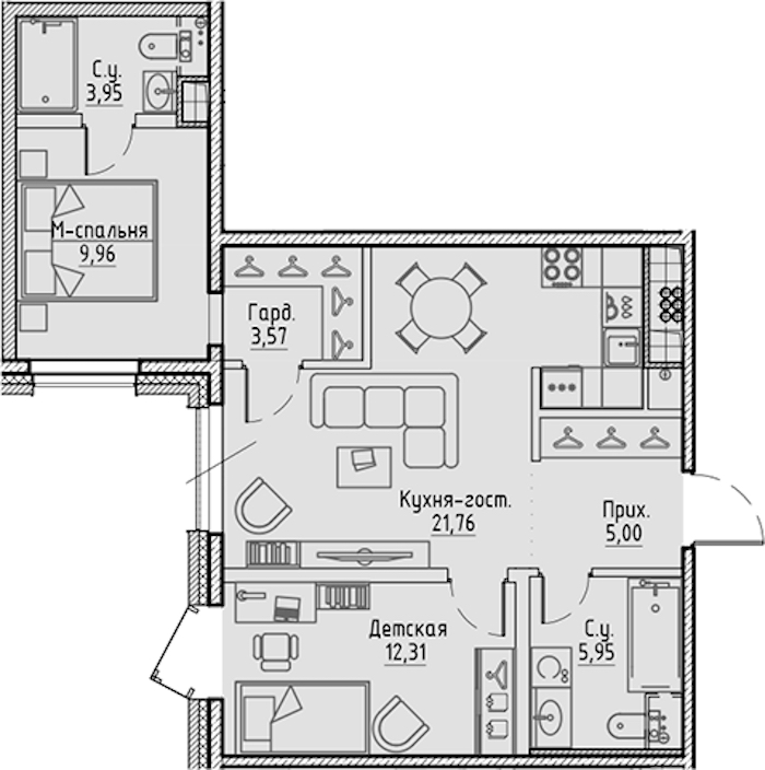 2-комнатная квартира 62.5 м², 8/10 эт., ЖК «LEGENDA Сампсониевский 32»